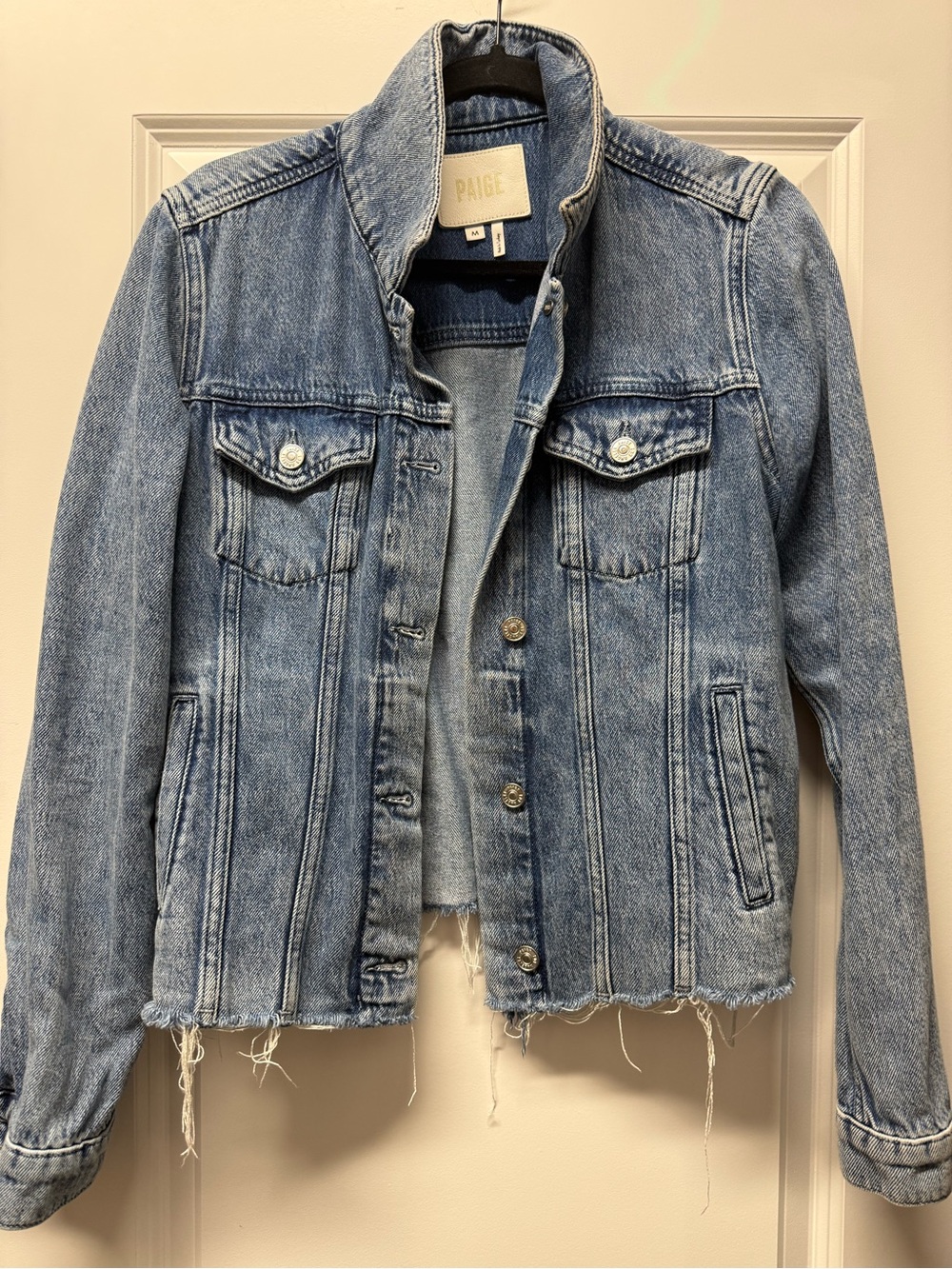 PAIGE Faded Blue Distressed Raw-Hem Denim Jacket